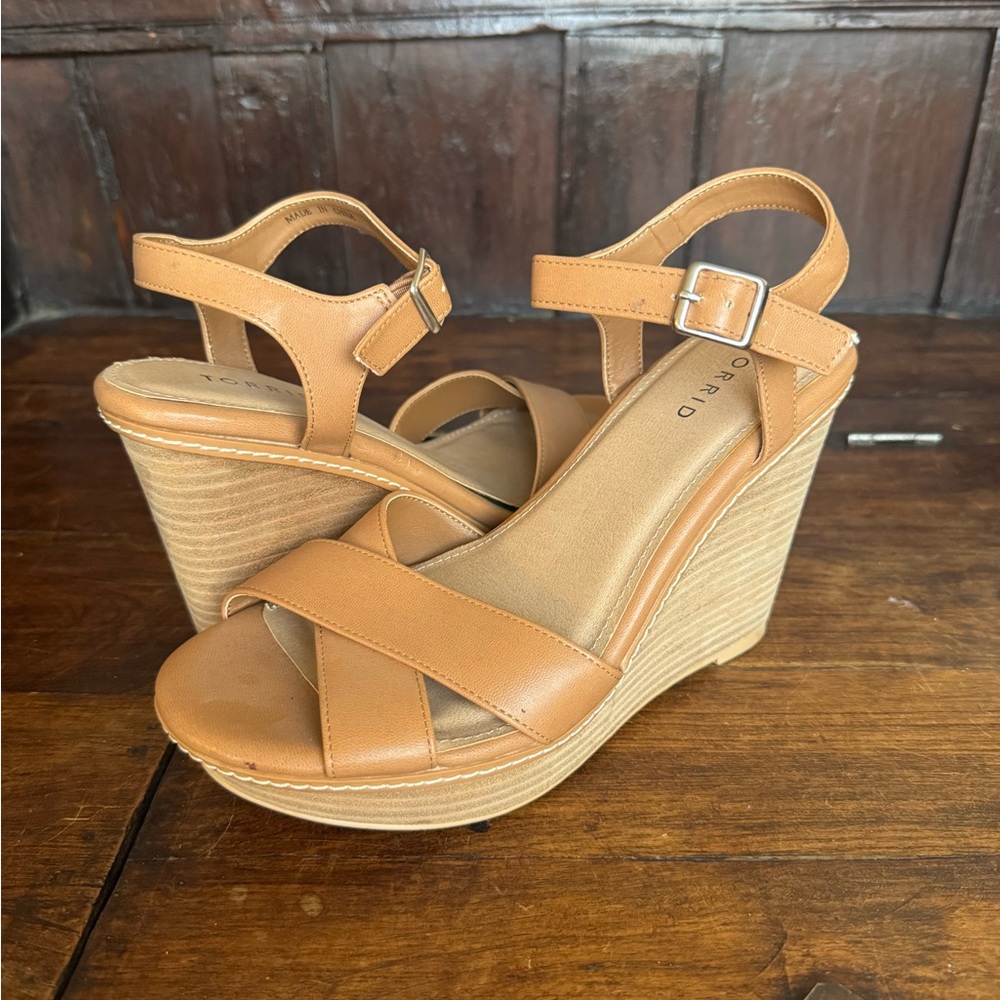 Tan strappy leather wedge sandals